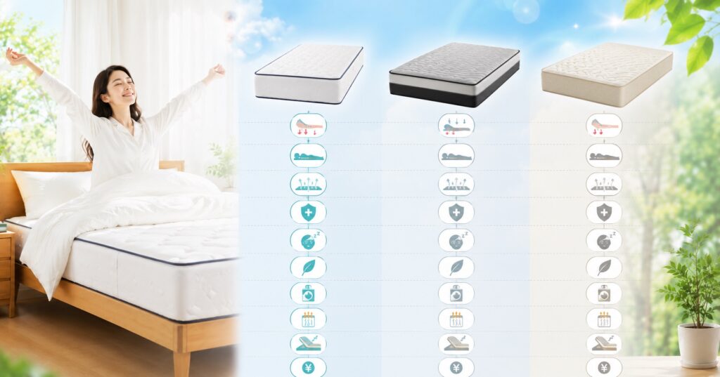 「雲のやすらぎプレミアムマットレスモデル3R」と競合2商品を11項目で比較