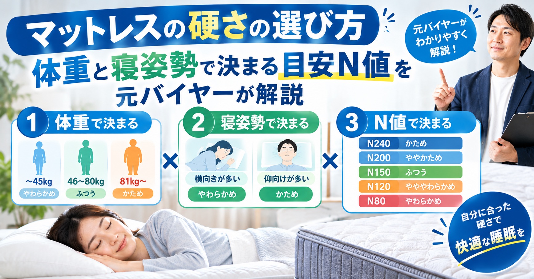 マットレスの硬さの選び方｜体重と寝姿勢で決まる目安N値を元バイヤーが解説