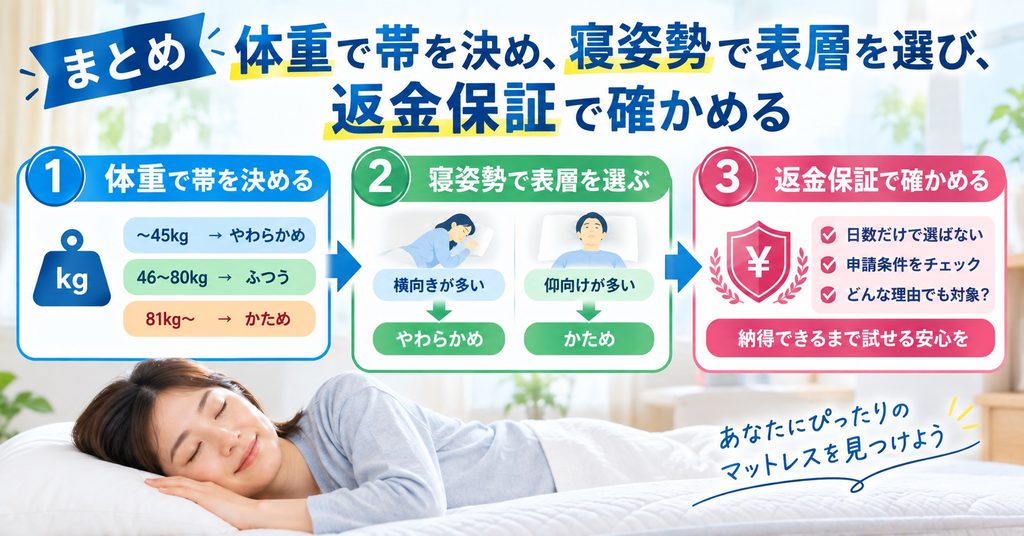 まとめ|体重で帯を決め、寝姿勢で表層を選び、返金保証で確かめる