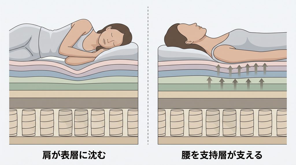 寝姿勢別の考え方|横向きは肩を逃がす表層、仰向けは腰を支える支持層